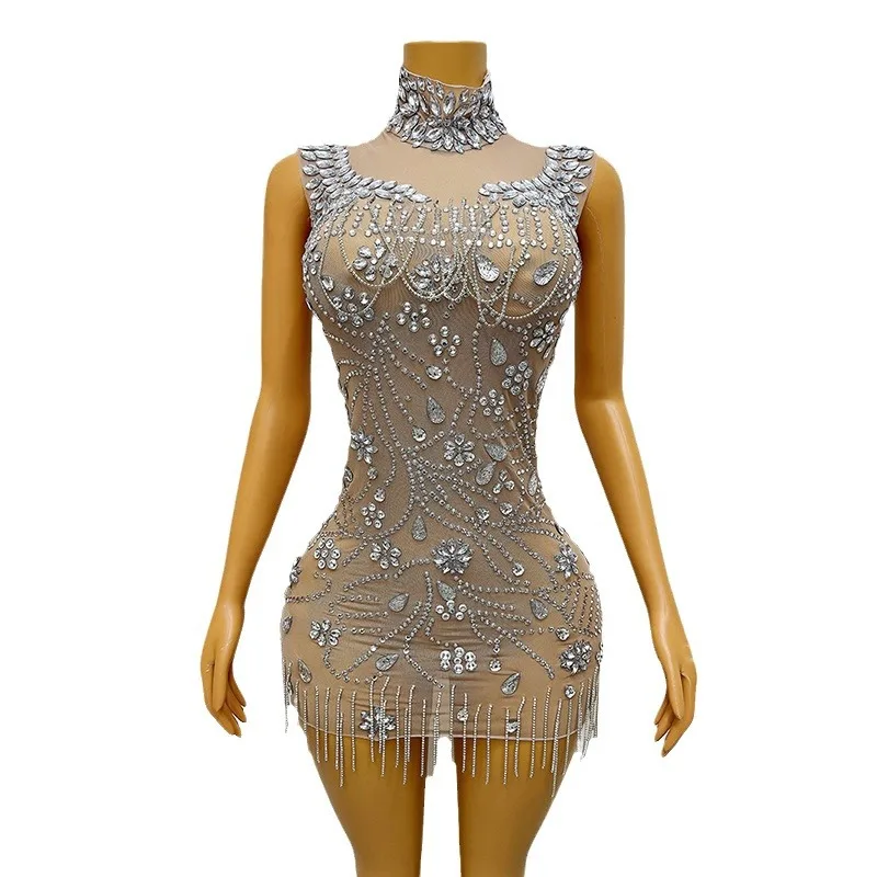 Buttocks Short Skirt Sleeveless Full Diamond Pattern Fringe Perspective Stage Evening Party Dress White Dresses With Rhinestones
