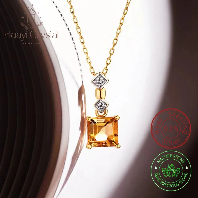 

Citrine zircon square necklace special-interest design yellow gem 925 sterling silver plated 18K gold pendant Noble