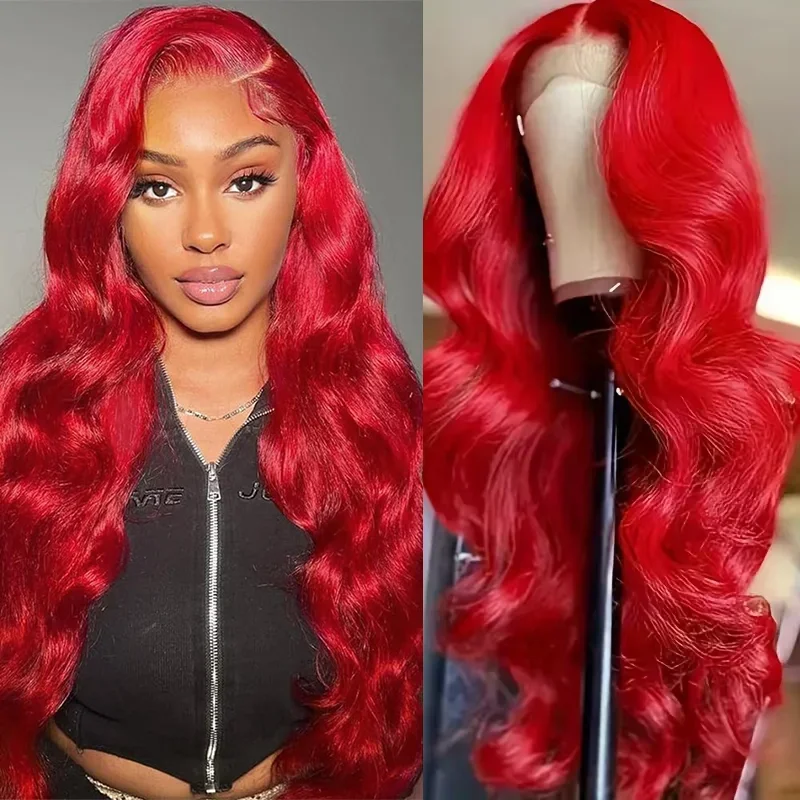 

Hot Red Body Wave 13X4 13x6 HD Transparent Lace Frontal Wig 220 Density Burgundy Brazilian Lace Front Wig Pre Plucked For Women