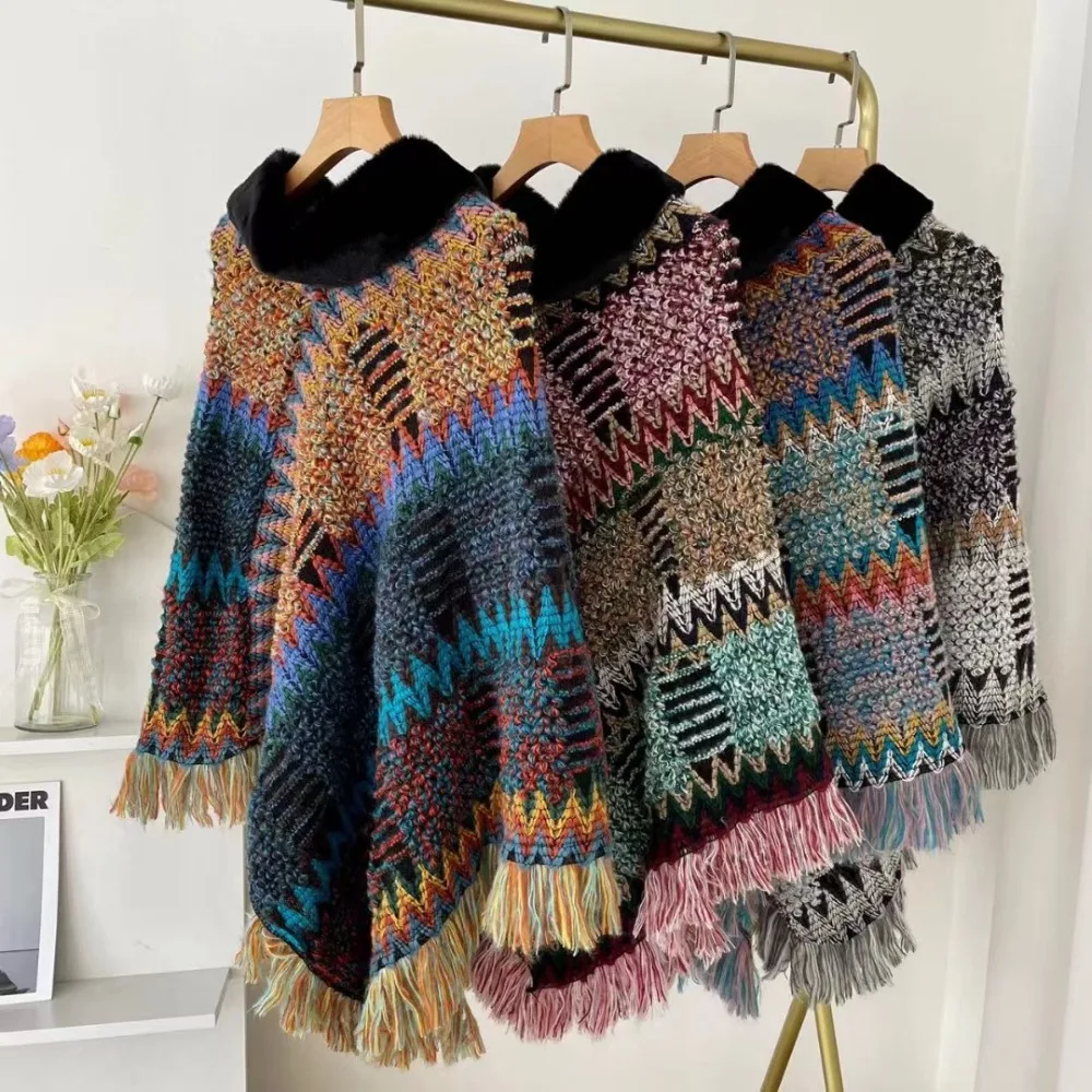 

Winter Warm Knitting Shawl Tassel Knitted Faux Fur Collar Shawl Thick Luxury Elegant Plush Wraps Scarf