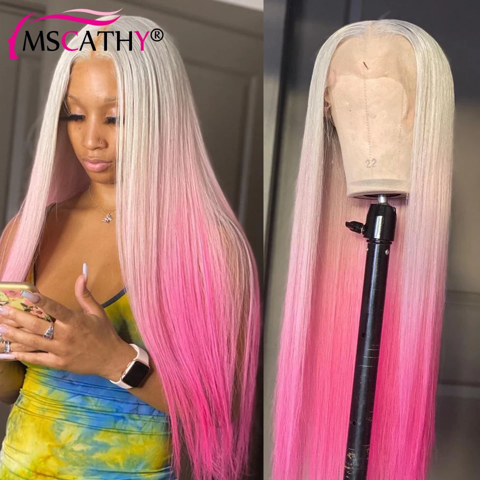 

Grey Ombre Pink Colored Lace Front Wigs Straight Brazilian Virgin Human Hair Wig 32 HD Transparent Lace Frontal Wigs Preplucked