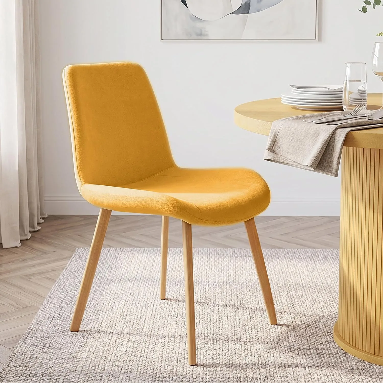 Mid-Century Modern Fabric Kitchen Chairs | Curved Backrest for Comfort, High-Density Sponge Padded Seat, Heat and Stain Resistant Surface, Sturdy Wood-Grain Metal Legs