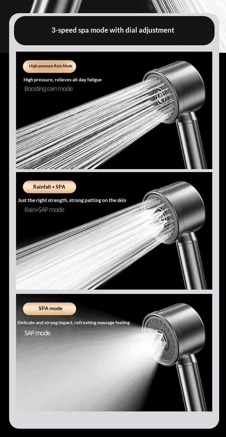 304 Stainless Steel High Pressure Filter Shower Head 3-Speed Large Flow Showerhead Shatter-Resistant Detachable for Bathroom