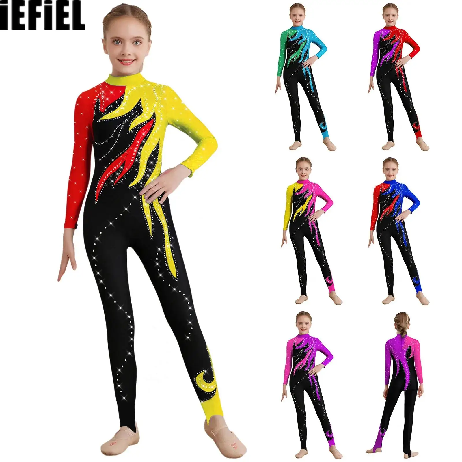

Kids Girls Dance Leotard Mock Neck Long Sleeve Color Block Shiny Rhinestones Bodysuit Full Body Gymnastics Jumpsuit