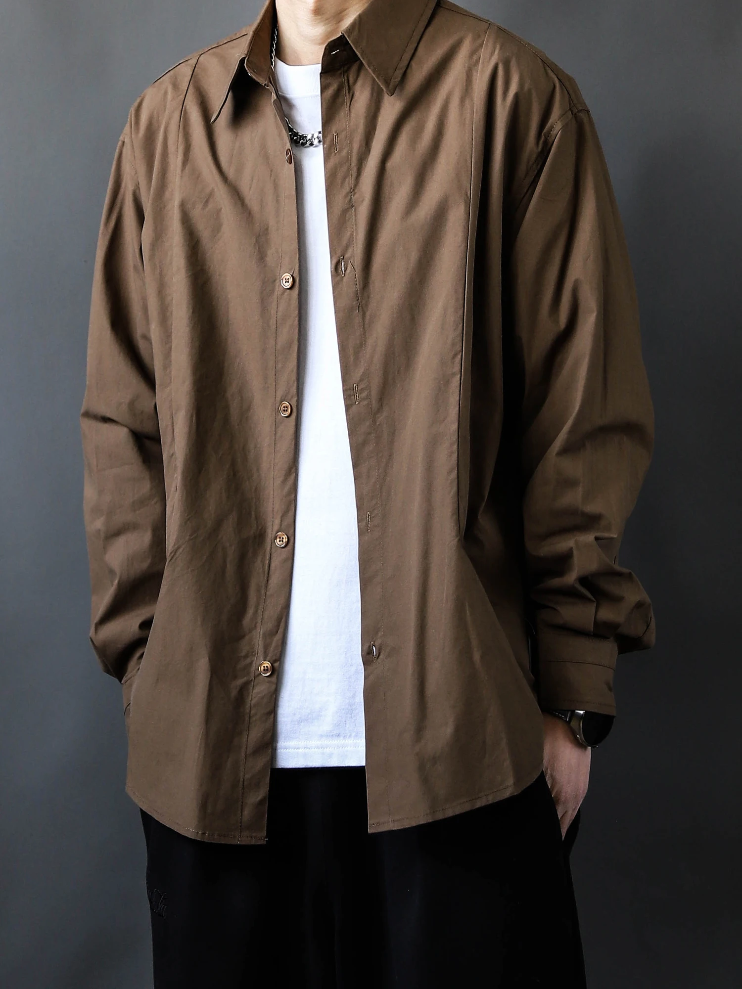 

Мужская повседневная рубашка американского стиля с длинным рукавом, кофейного цвета, весна-осень, новая модная коллекция, большие размеры