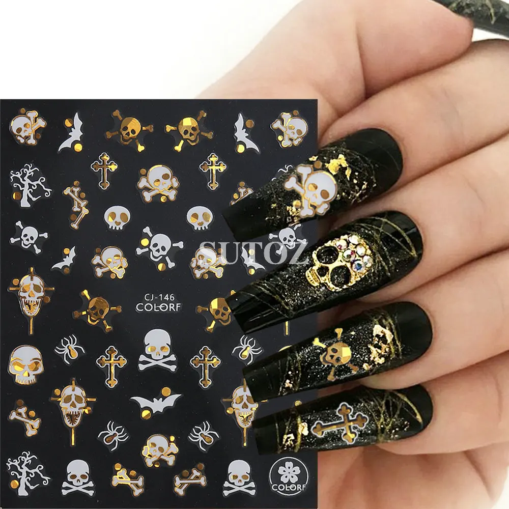 3D Bronzing Halloween Decoration Ghost Bat Skull Nail Sticker Gold Pumpkin White Cat Sliders Witch Broom Manicure Decals LEB-CJ