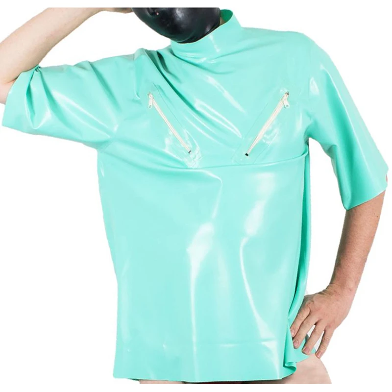 Jade Green Sexy Latex Uniform With Breast Zippers Half Sleeves Rubber Shirt Clothes Back Collar Buttons YF-0393