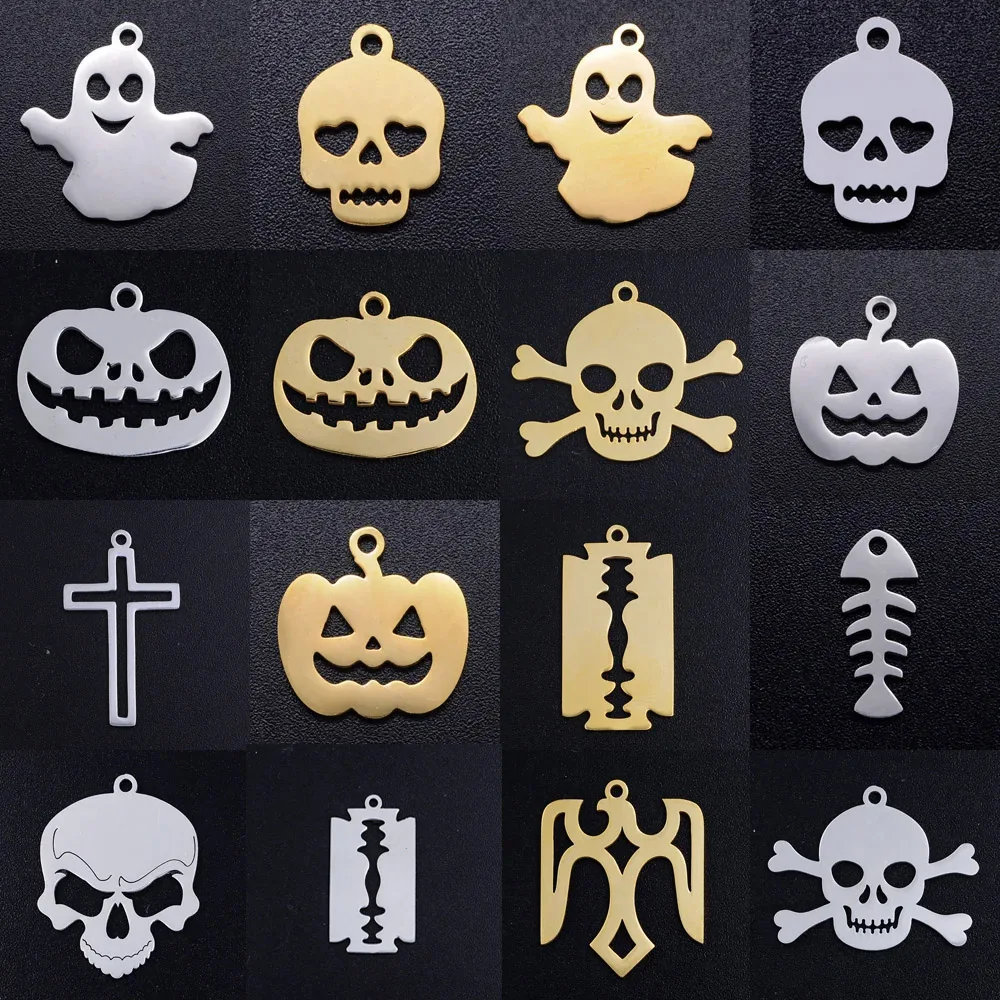 5pcs/lot diy gothic skull blade stainless steel charm pendant wholesale halloween ghost pumpkin jewelry bracelet charms