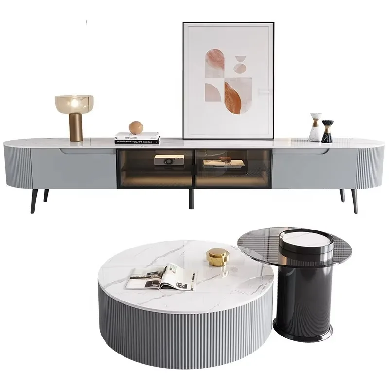 YOUTAI Hot Newest Luxury White Tv Stand and Coffee Table Sets in White Tv Cabinet Set Living Room Furniture