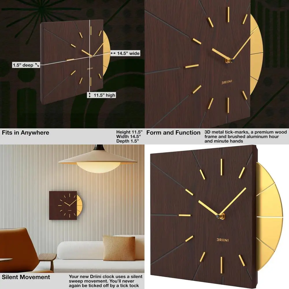 

Mid-Century Modern Square Wood Wall Clock with Gold Accents - Unique Battery-Powered Timepiece for Decorative Home Style