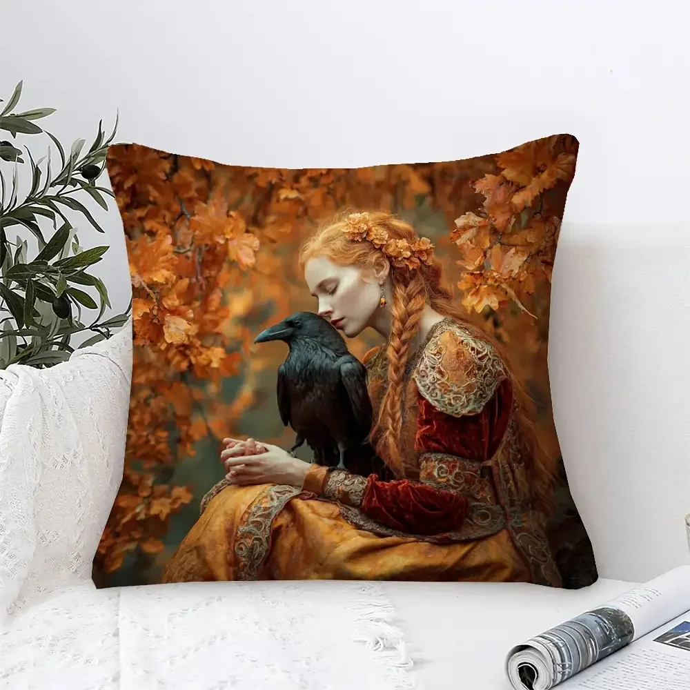 1pc Medieval Red Hair Maiden Raven Oil Painting Throw Pillow Cover 2D Double-Side Print Polyester Cushion Case for Sofa Dark Cot