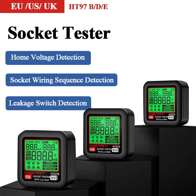 Digital Socket Tester Voltage Test Socket Detector 30mA RCD Test Ground Zero Line Polarity Phase Check EU US UK Socket Tester