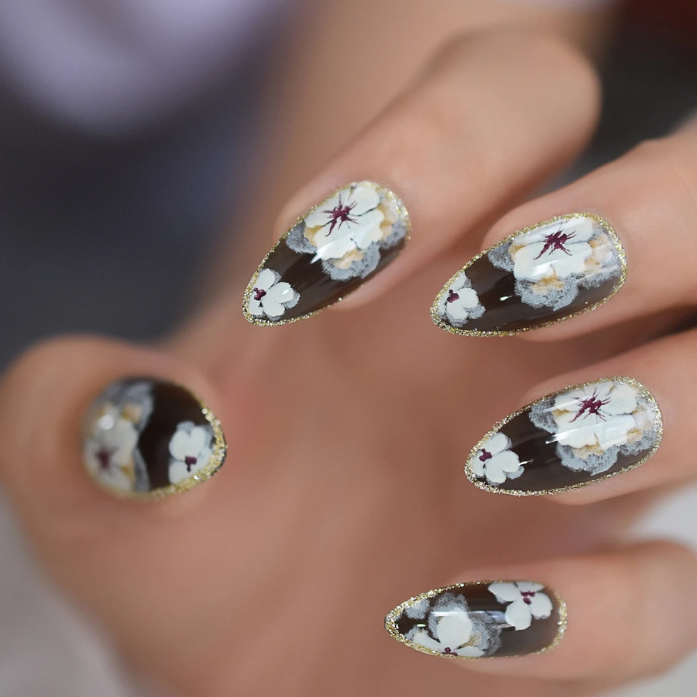 Faux ongles en gel à paillettes dorées pour fille, couverture complète des doigts, pointes d'art, style de fleurs, presse, N64.Stiletto, 03/Wear