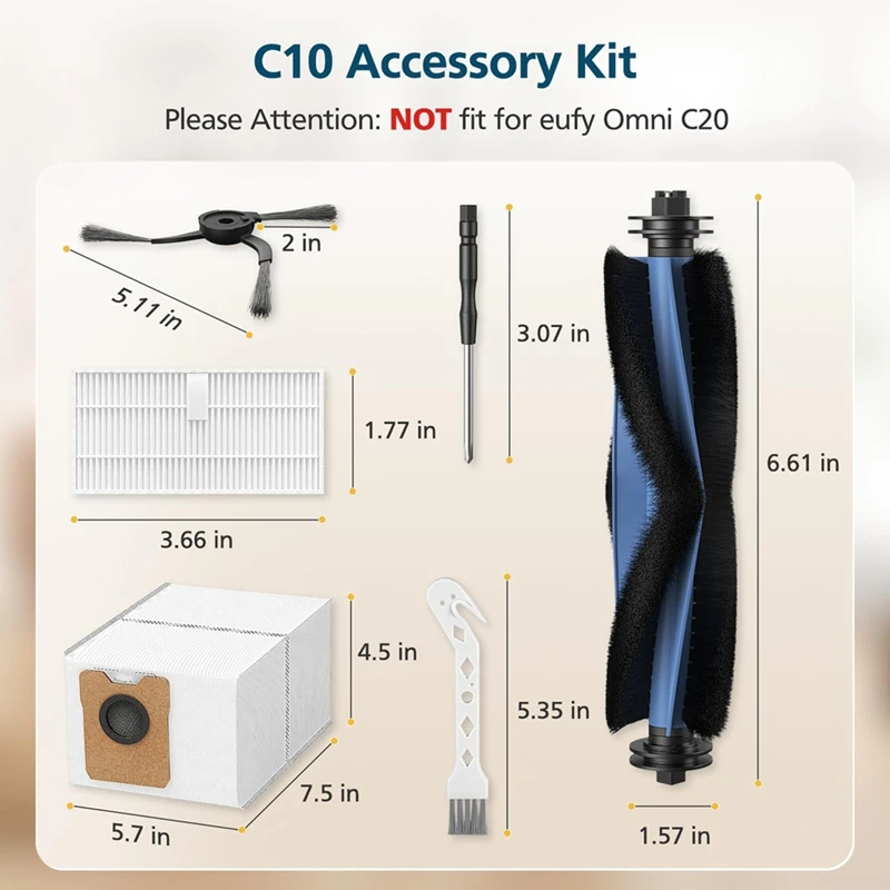 Accessories for C10 Robot Vacuum, Replacement Parts Include Main Rolling Brush,Filter, Side Brush, Dust Bag-A56M