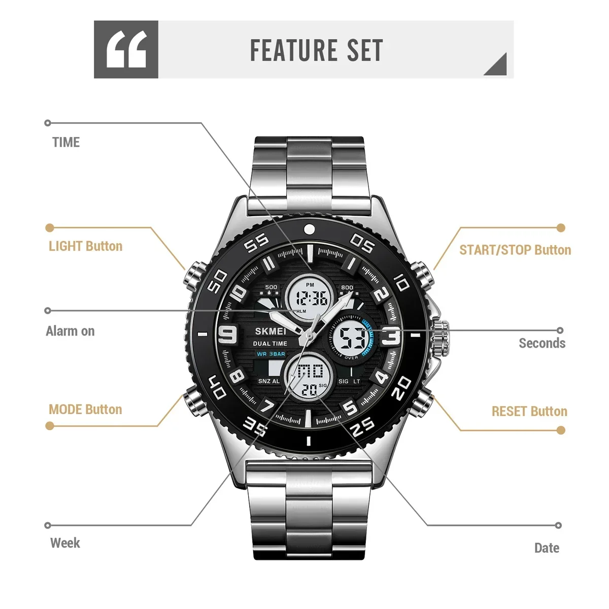 Skmei 2205 horloges mannen moda esporte relógio digital relógios masculinos de aço inoxidável 5bar à prova dwaterproof água dupla exibição relógios pulso