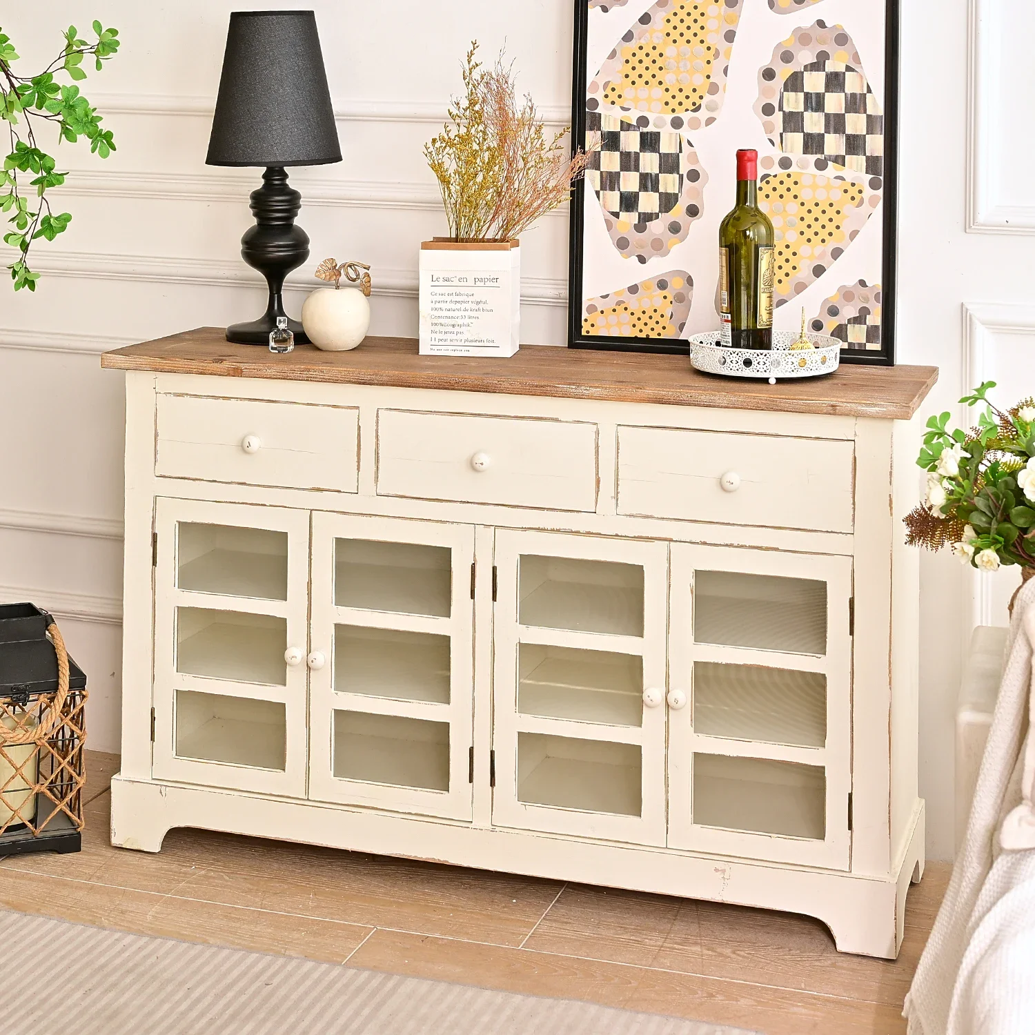 Country Living Room 3 Storage Drawers White Wooden Cabinets with Glass Doors