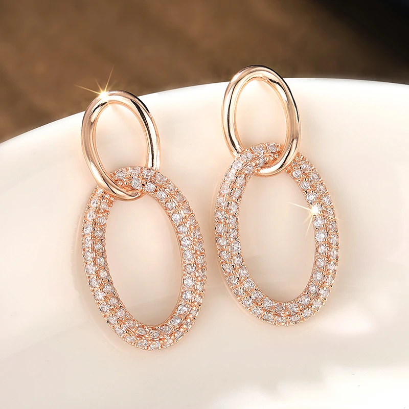 2026 Simple Fashion Geometric Dangle Earrings Rose Gold Color Cubic Zirconia Hanging Earrings for Women Versatile Chic Jewelry