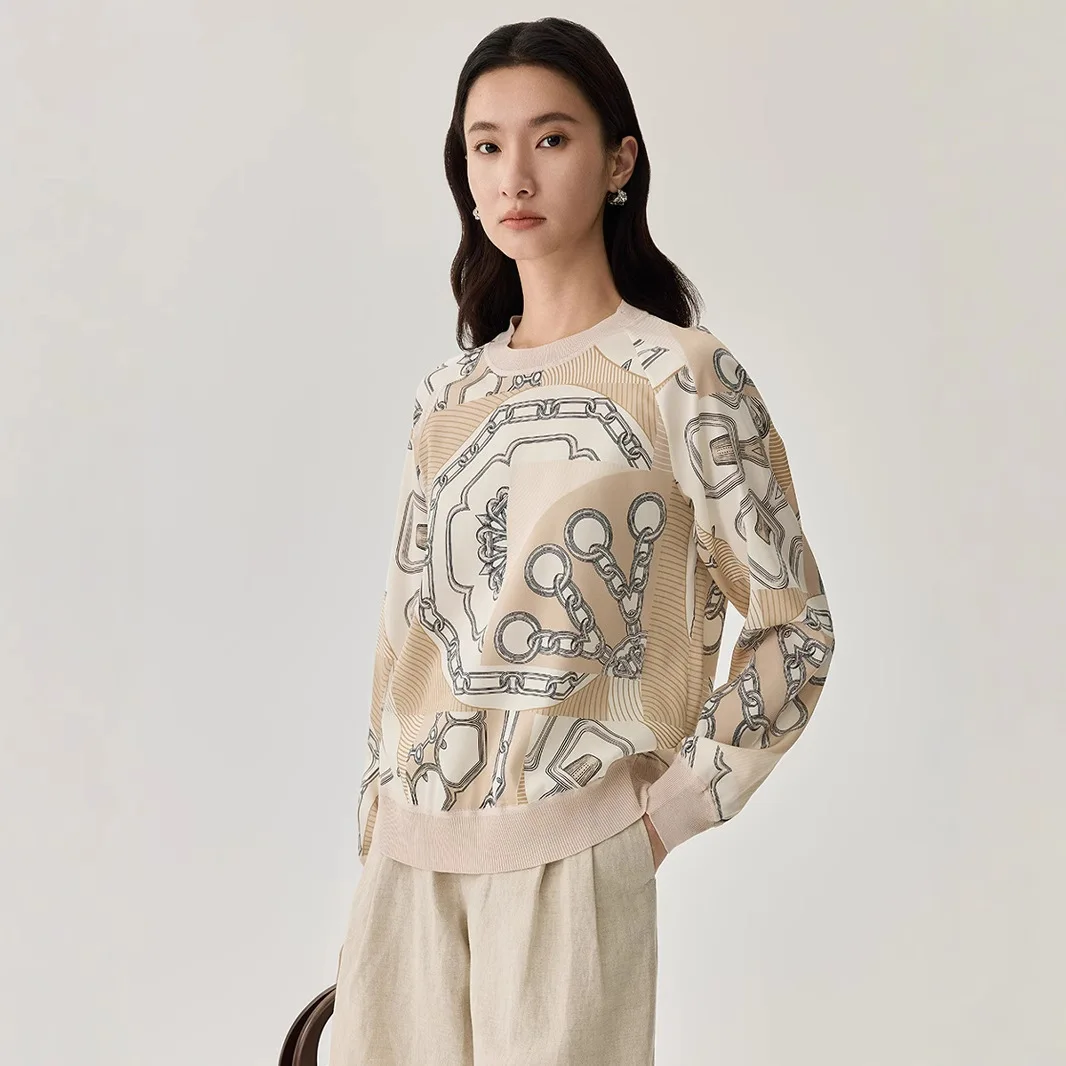 

New Mulberry silk top silk round neck long sleeved printed knitted sweater, thin pullover