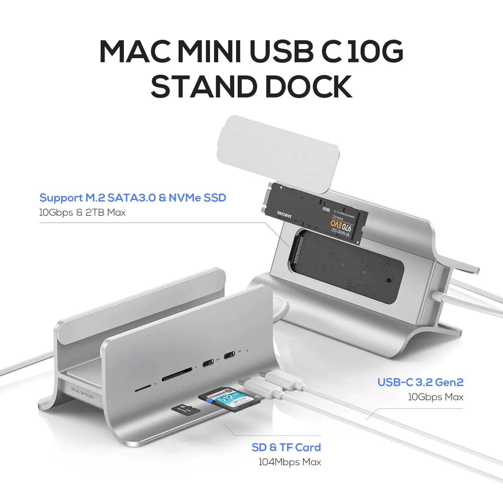 PULWTOP 5-in-1 USB C Hub لجهاز Mac Mini M1/M2، محور mac mini يدعم توسيع M.2 NVMe SSD، مع 2x USB C 3.2 بسرعة 10 جيجابت في الثانية، SD/TF