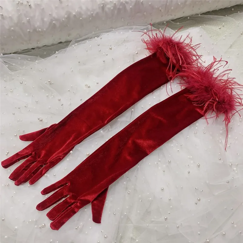 Women\'s Elegant Ostrich Feather Long Velvet Glove Female Spring Summer Vintage Sunscreen Driving Photograph Glove R1799