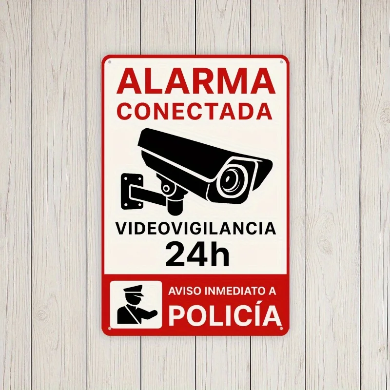 Sinal de metal espanhol "avviso de alarme de vigilância" - câmera de segurança vintage e sistema de alarme arte de parede, fácil de instalar, durável me
