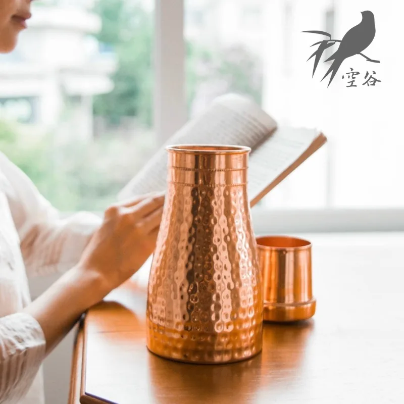 Hand Hammered Texture Pure Copper Water Pitcher 800ml Yoga Cold Water Jug Vintage Handmade Copper Drinking Vessel