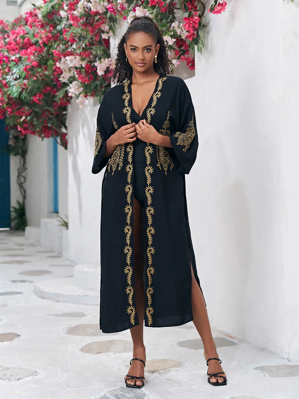 Black Embroidery Beach Long Kimono for Women Swimsuit Cover-Up Tunic Belt Pareos Robe De Plage Bikinis Cover Up Female Beachwear