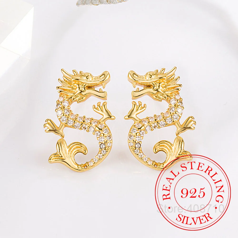 925 Sterling Silver Crystal Dragon Stud Earrings For Women Luxury Designer Jewelry Best Selling Offers Party Gift
