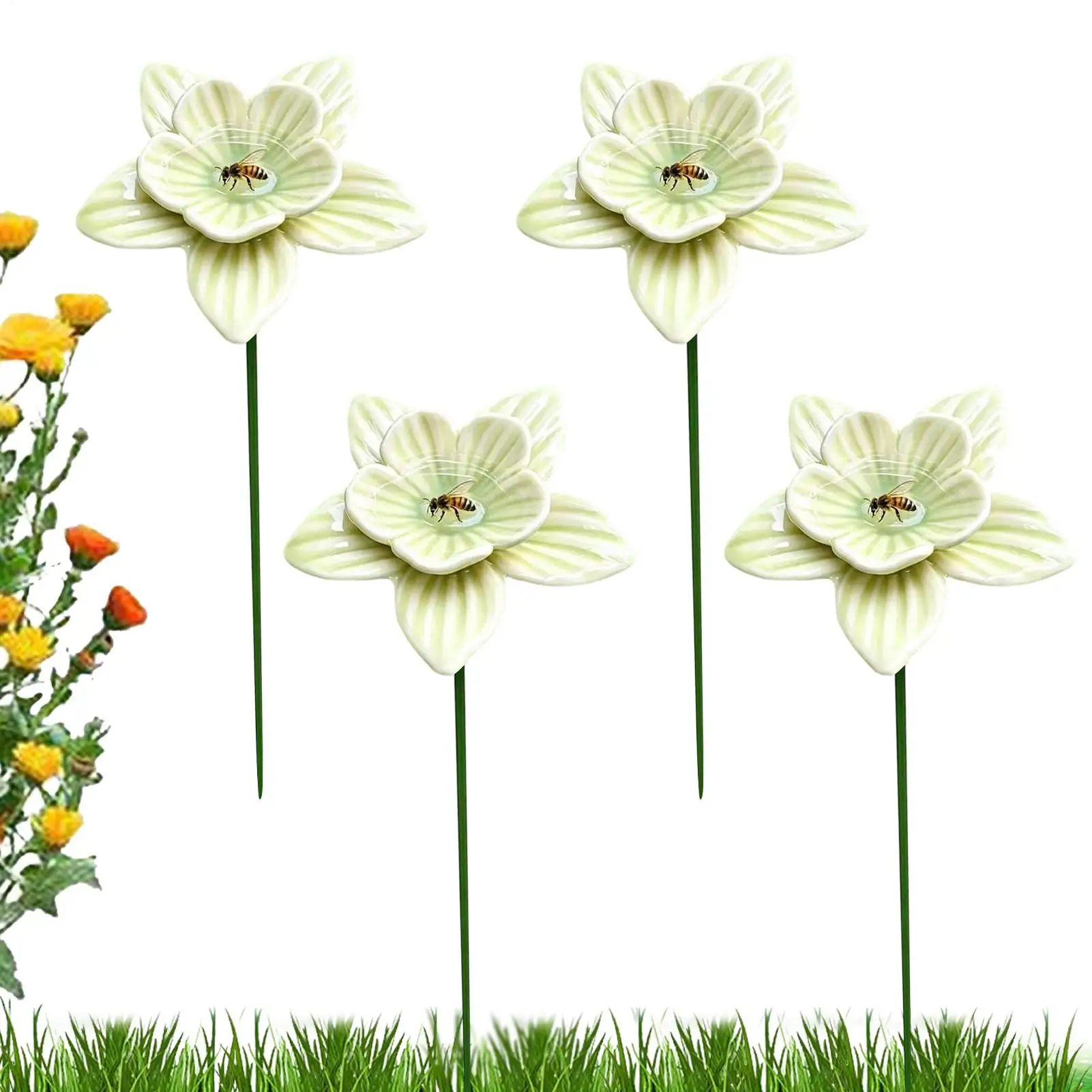 

Bee Watering Station 4 Piece Ceramic Flower Shape Bath Stake Bee Waterer For Outdoor Backyard Patio Deck Butterfly Farm Pond