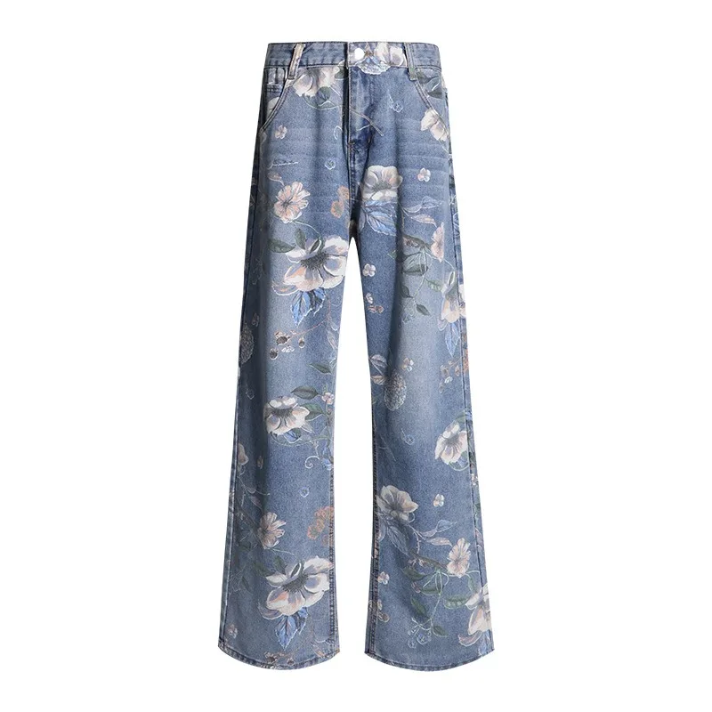 

Harajuku Blue High Waisted Slouchy Baggy Jeans for Women Y2k Casual Floral Printed Loose Denim Pants Gothic Streetwear Trousers