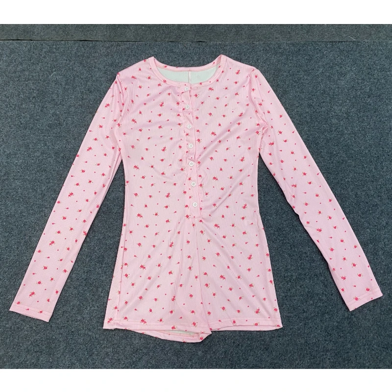 Women's cardigan button pink floral print knitted long sleeved jumpsuit shorts slim fit spicy girl
