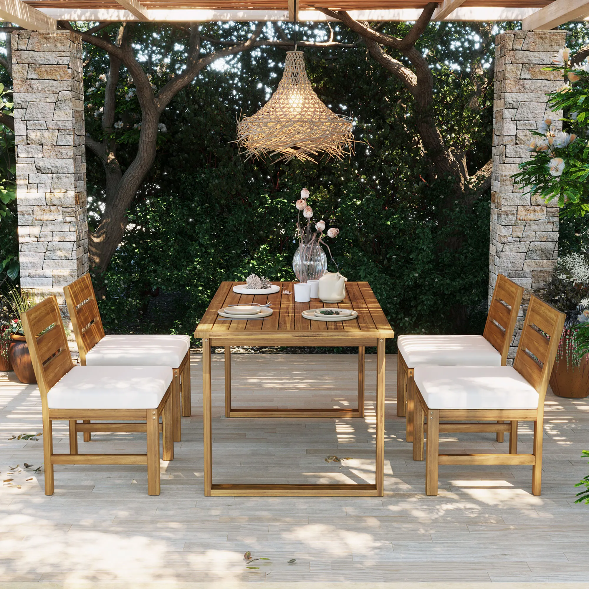 ！@U_STYLE Modern 5-Piece Acacia Wood Outdoor Dining Set with Adjustable Legs Durable & Waterproof for Backyard & Garden