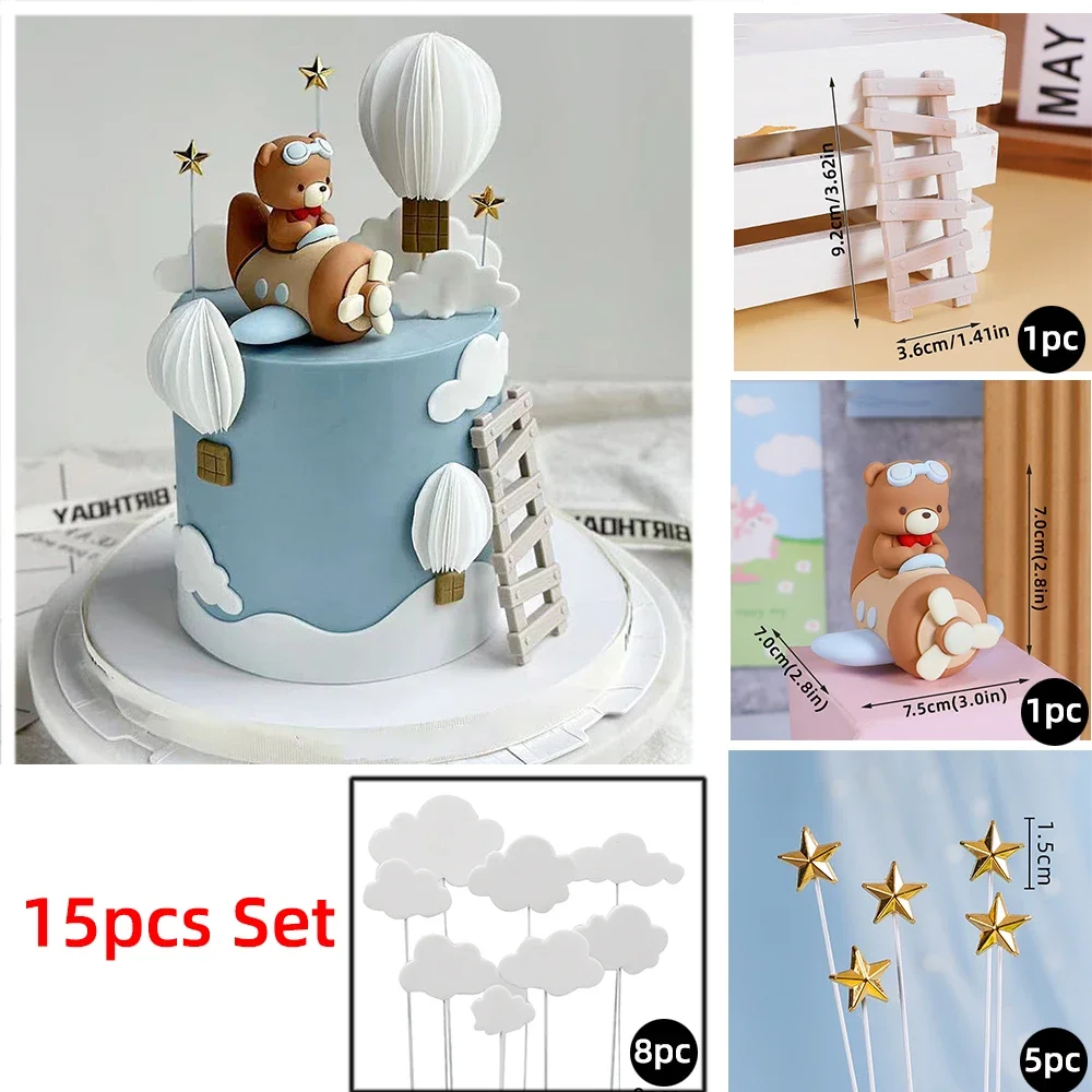 Cartoon Pilot Bär Kuchen Topper Luftfahrt Thema mit Sternen Luftballons Dekor für Happy 1st Birthday Party Baby Shower Supplies – Detail 5