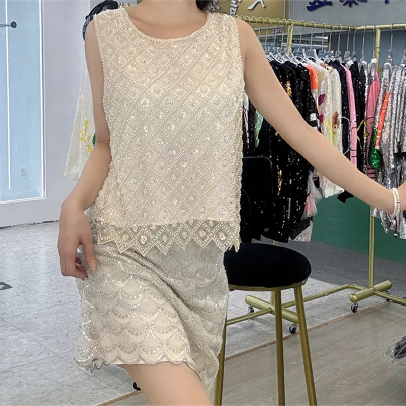 

Summer New Nightclub Streetwear Beading Diamonds Women's Wear Sleeveless Sexy Round Neck High Quality Sequin Vest Tops