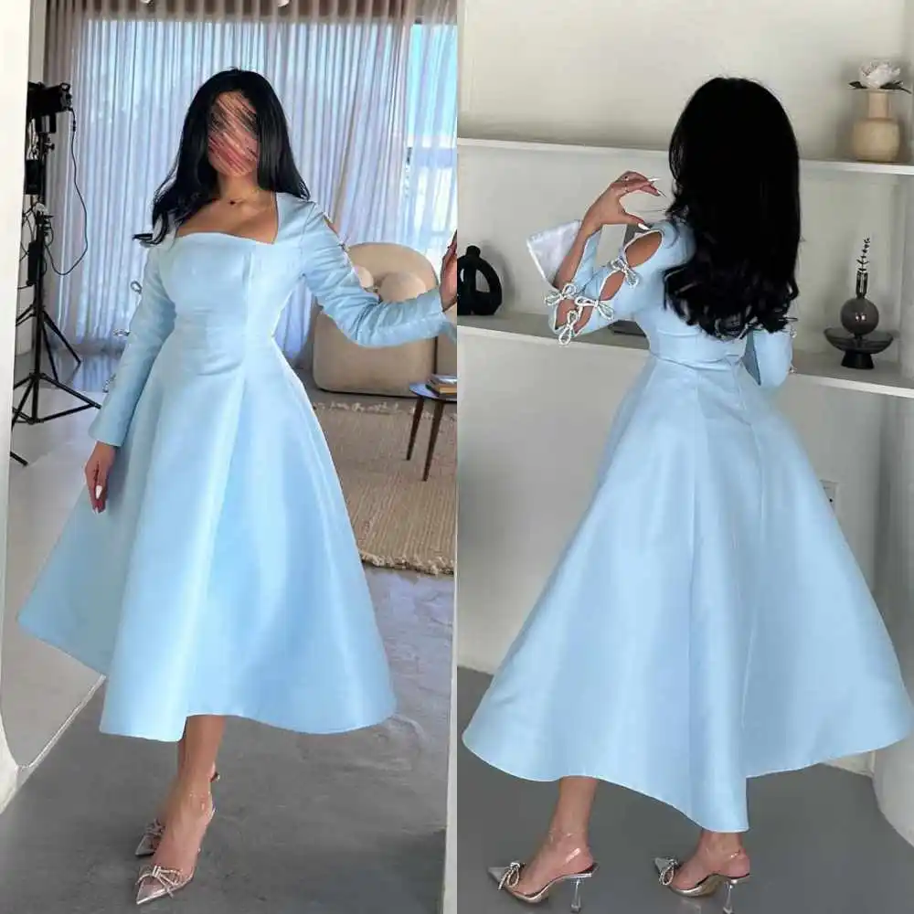 

Customized Jiayigong High Quality Sparkle Evening Satin Bow Ruched Beach A-line Square Neck Bespoke Occasion Gown Midi Dresses