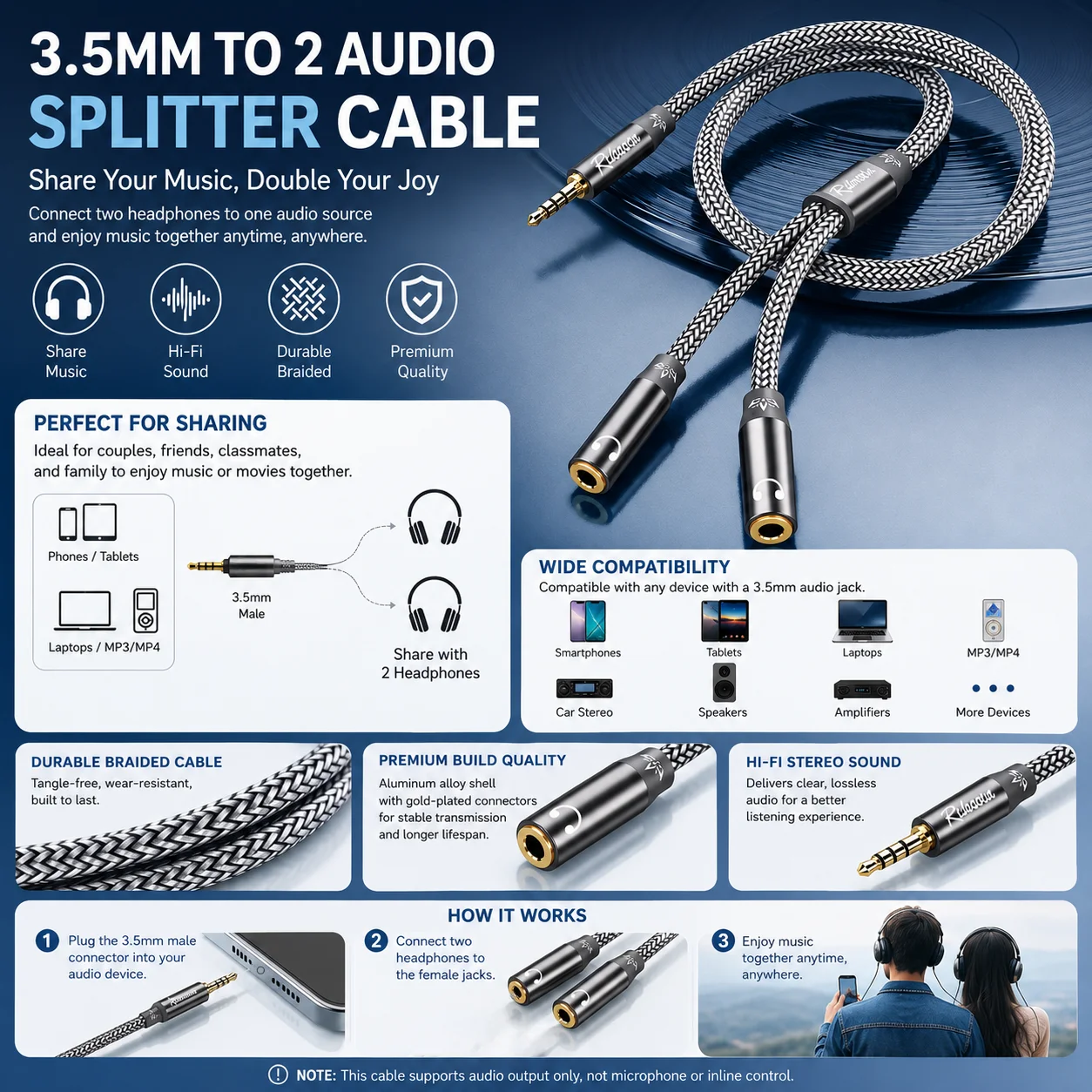Riksoin 3.5mm Audio Splitter Cable, Male to Dual Female Headphone Jack Adapter for Couples, Music Sharing, Phone, Tablet, Laptop