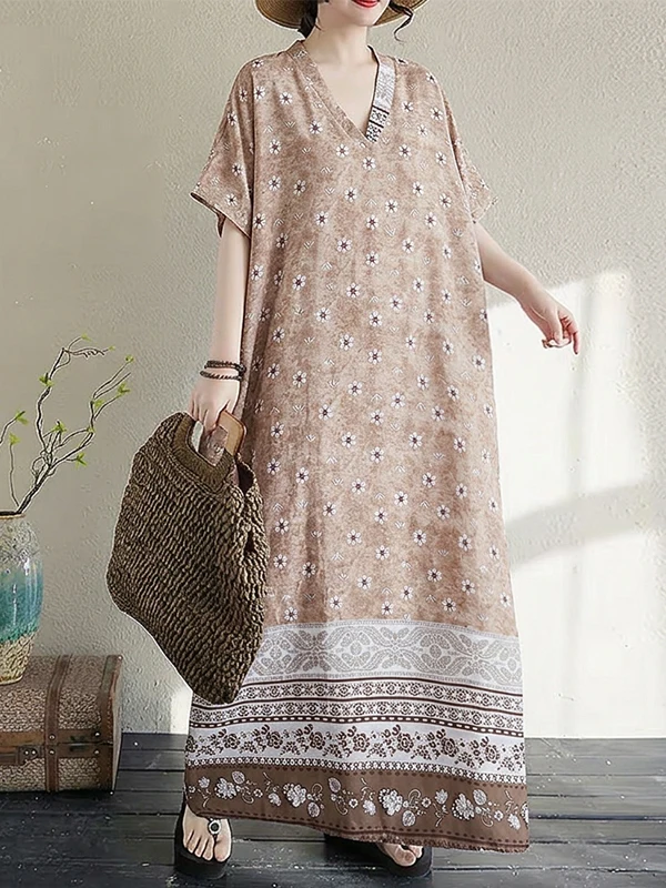 Elegant V-Neck plus Size Cotton Silk Dress Floral Print Summer New Style Women's Clothing Holiday Vibes Long Dress