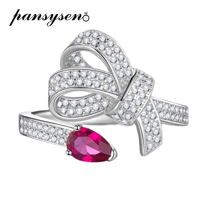 

PANSYSEN 100% 925 Sterling Silver 4x6MM Pear Cut Ruby Diamond Open Ring for Women Luxury Proposal Engagement Rings Wholesale