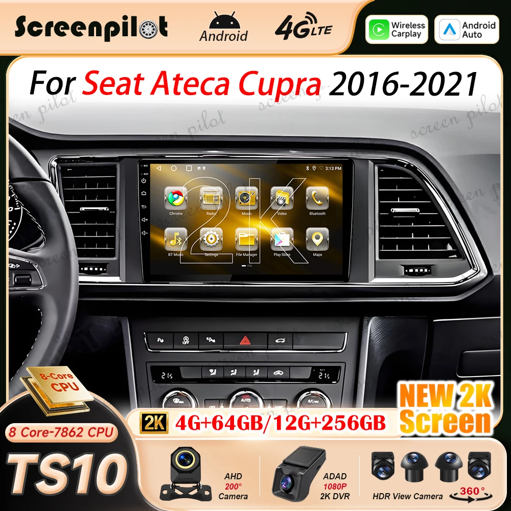 Android 16 Car Radio Stereo For Seat Ateca Cupra 2016 2017 2018-2021 Stereo Head Unit Multimidia Player GPS Carplay Android Auto