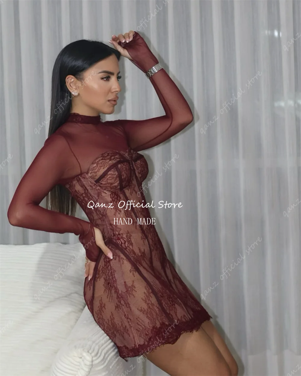 Qanz 2 piezas de vestidos de fiesta de encaje de manga larga vestidos de cóctel de novia pura ilusión corsé vestido de fiesta de cumpleaños personalizado