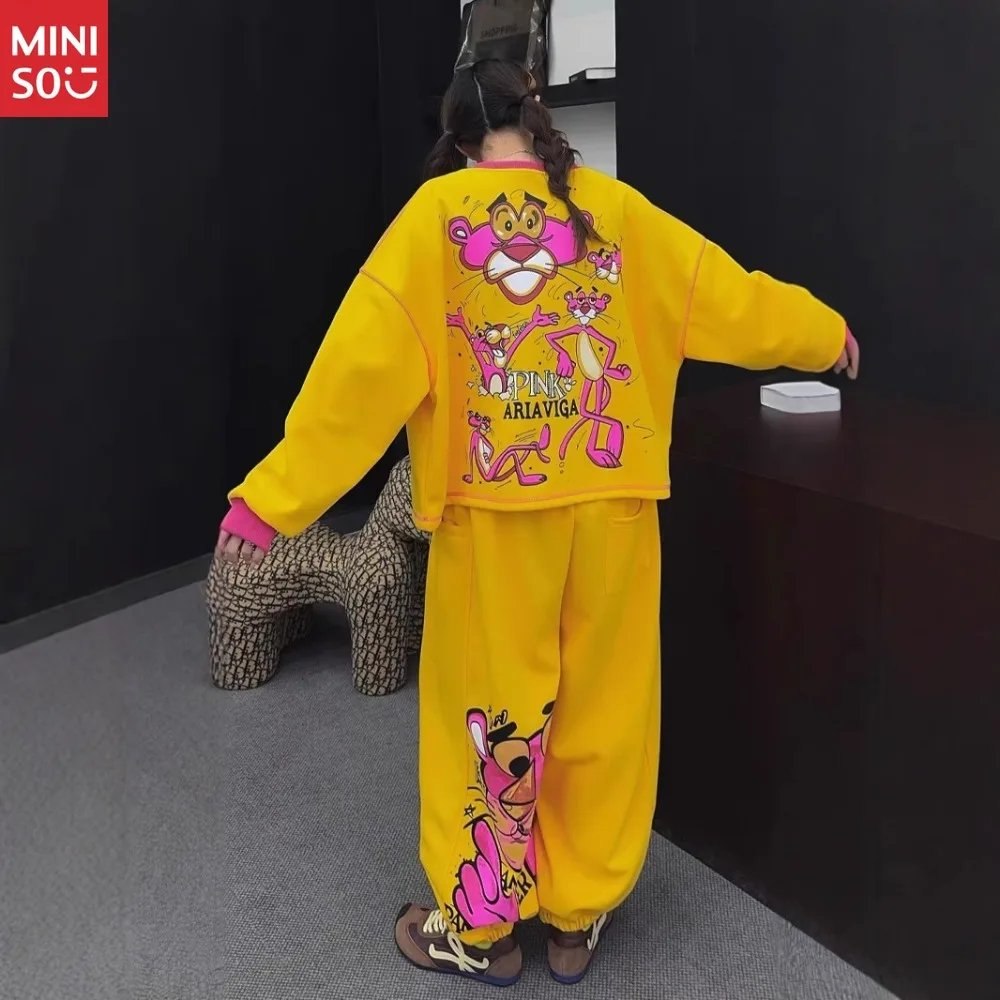 Set da due pezzi Versione coreana primaverile Abito di grandi dimensioni Moda casual Riduzione dell'età Pantaloni sportivi maglione modello leopardo simpatico cartone animato