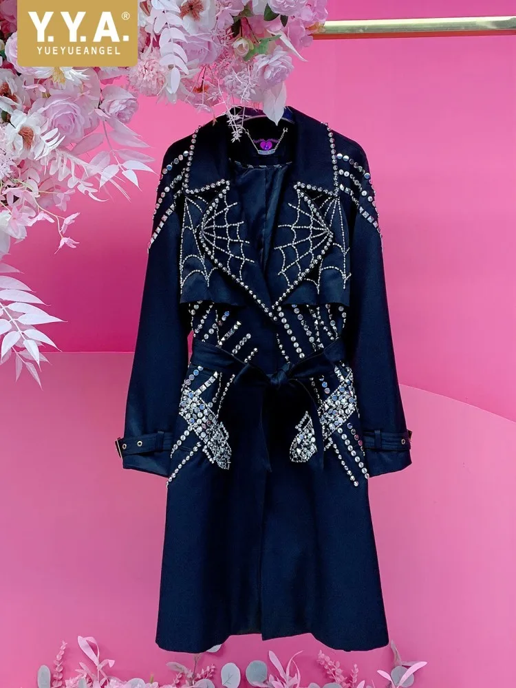 Italian Designer Women Shiny Diamonds Rivets Studded Long Coat Belted Waist Windbreaker Trench Coat Fashion Autumn Beading Coats