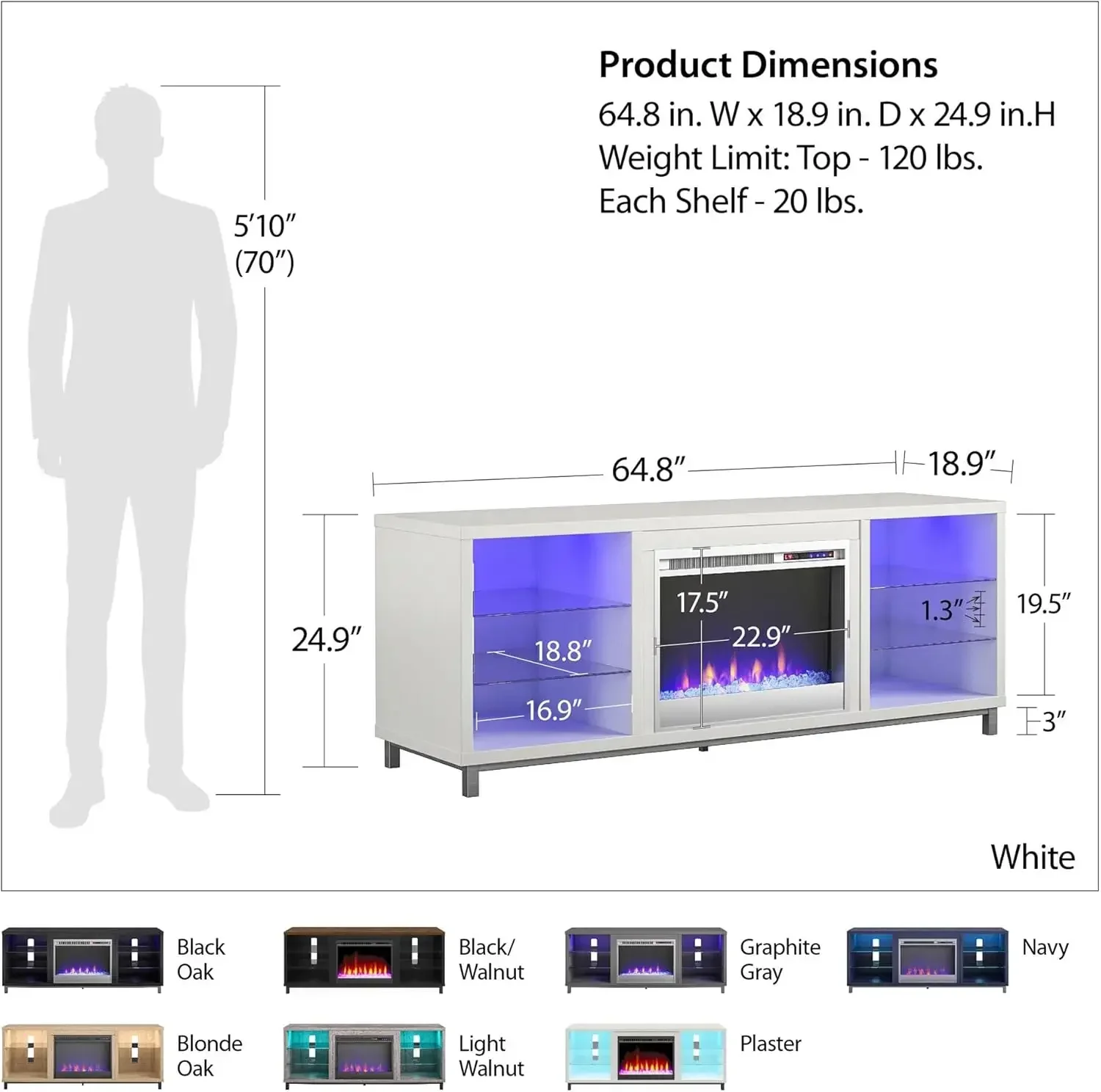 

Lumina Fireplace TV Stand for TVs up to 70 Inch, Replaceable Electric Fireplace Insert Heater, Remote Control, Timer