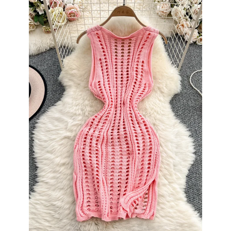 2025 boho women summer sexy knitted short tank dress casual hollow out beach holiday sundress split chic slim v neck dresses
