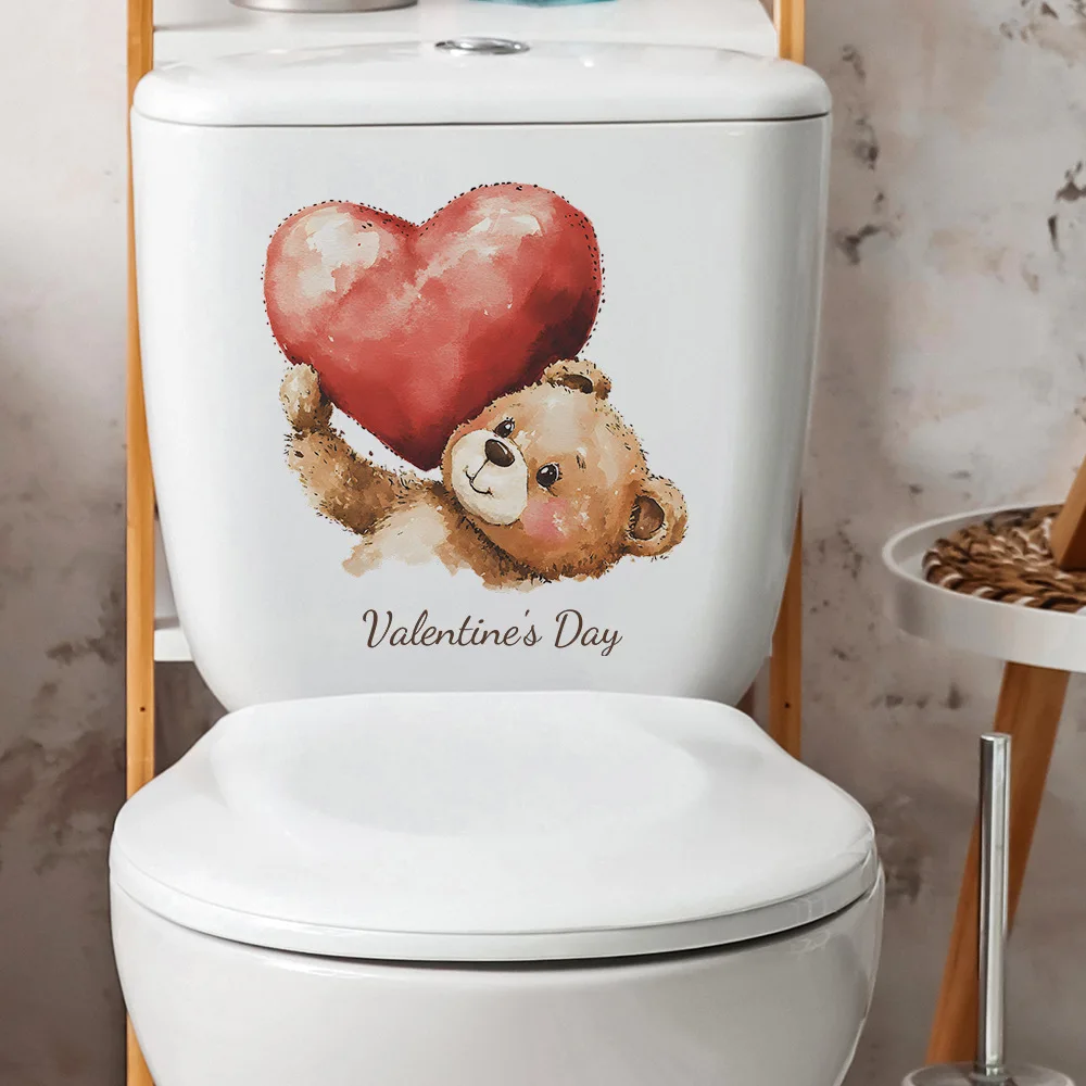 

Valentine's Day Painted Love Bear Wall Sticker For Bathroom Toilet Decoration Mural Room Cabinet Decor Self-adhesive Home Decals