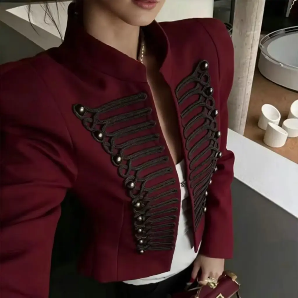 2026 New Arrival Women's Fashion Slim Shoulder Pad Napoleon Jacket Lady High Street Knot Buttons Short Polyester Coats Outerwear