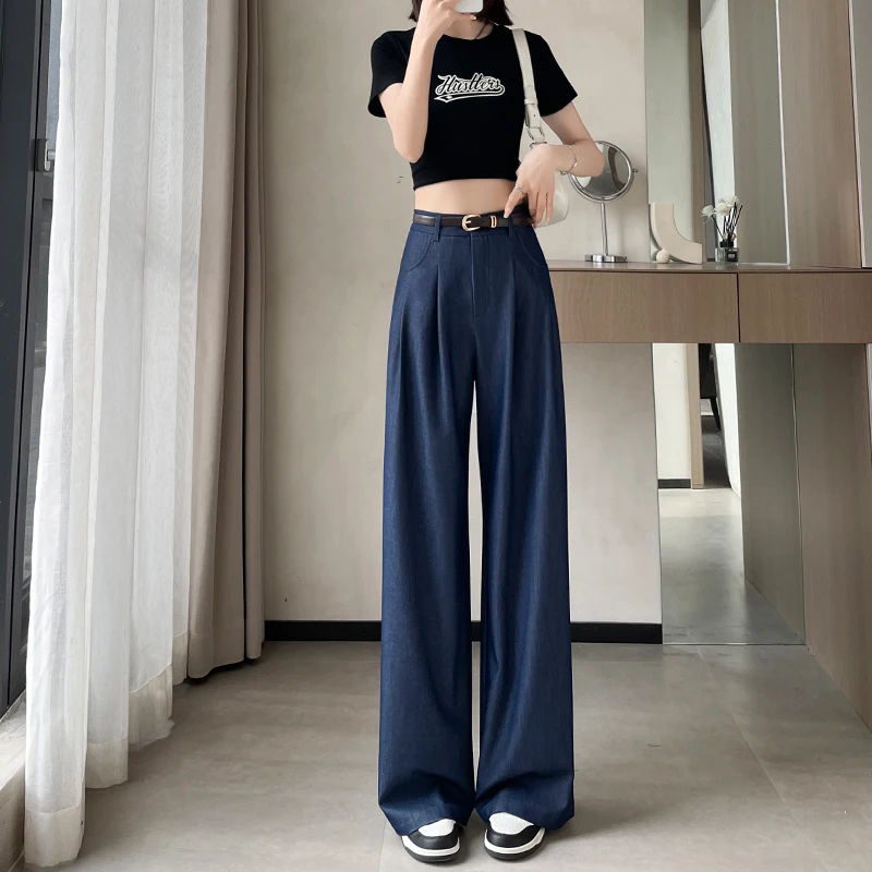 Denim Wide-leg Pants for Women 2025 Spring Summer New High-waist Loose Straight Jeans Woman Women's Youthful Clothes 90s Vintage