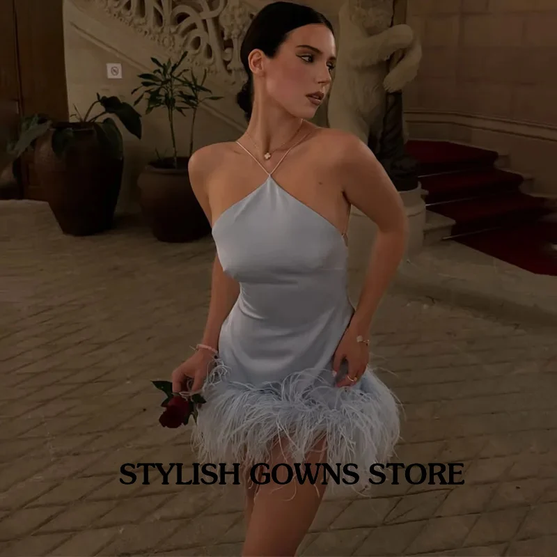Blue Satin Feather Sleeveless Party Dresses Sexy Halter Backless Mini Cocktail Dresses Sheath Short Club Gowns Customiz