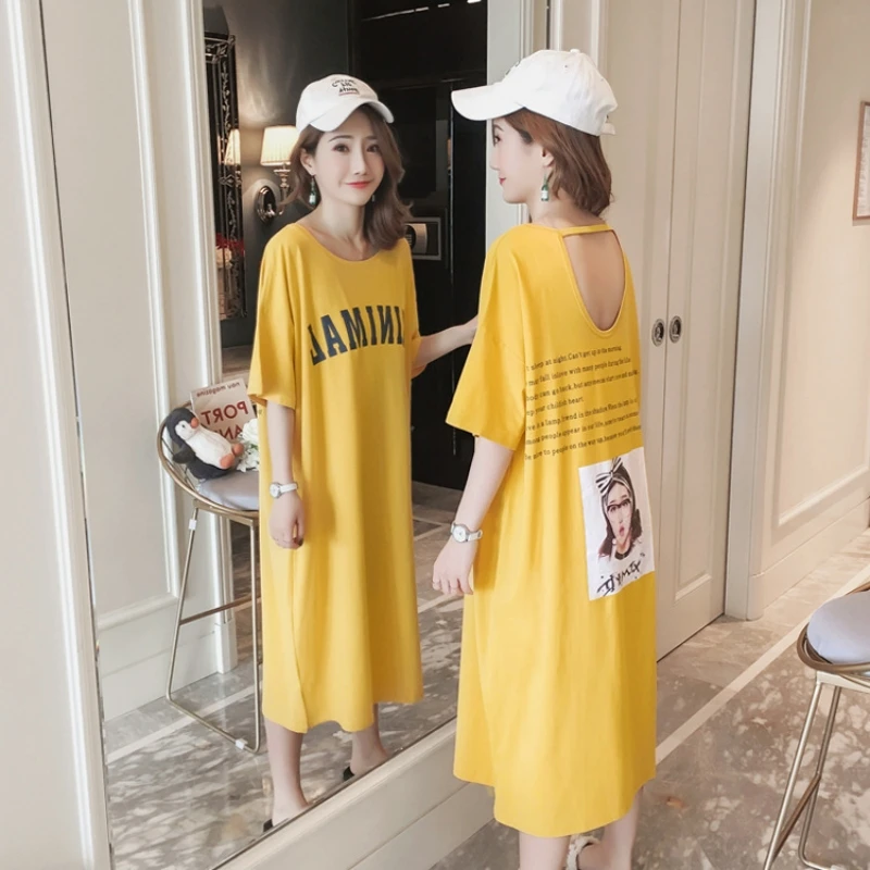 

Plus Size Korean Sexy Open-Back Long T-shirt Skirt Pajama Dress Women's Clothing Summer Short Sleeves Casual Backless Dress