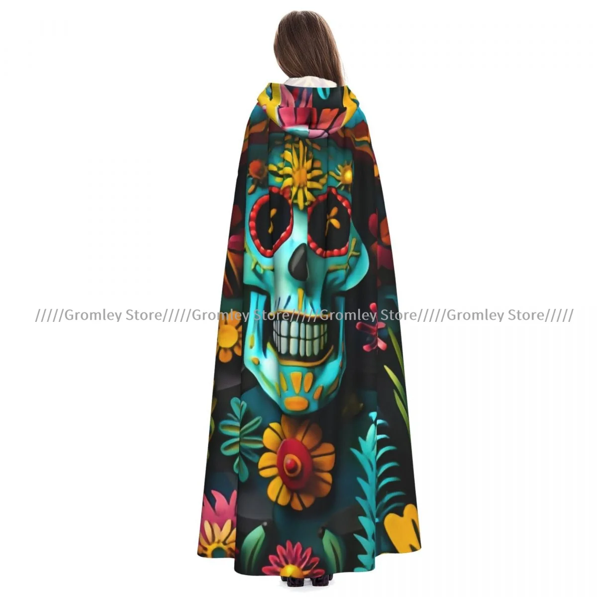 

Унисекс плащ на Хэллоуин мексиканское народное искусство красочный принт накидка с капюшоном средневековый костюм ведьмы Викка вампир